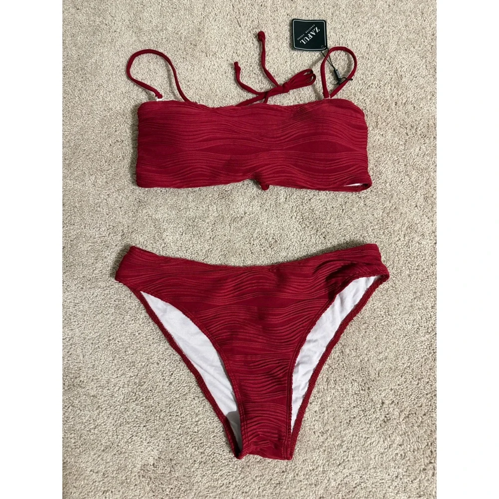 Zaful Red Textured Bikini Set Lace Up Back Two Piece‎ Swimsuit Size L US 8